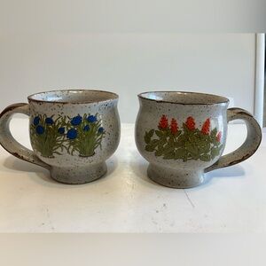 Vintage 70s Takahashi Speckled Brown Stoneware Mug Cup Blue Red Wildflowers